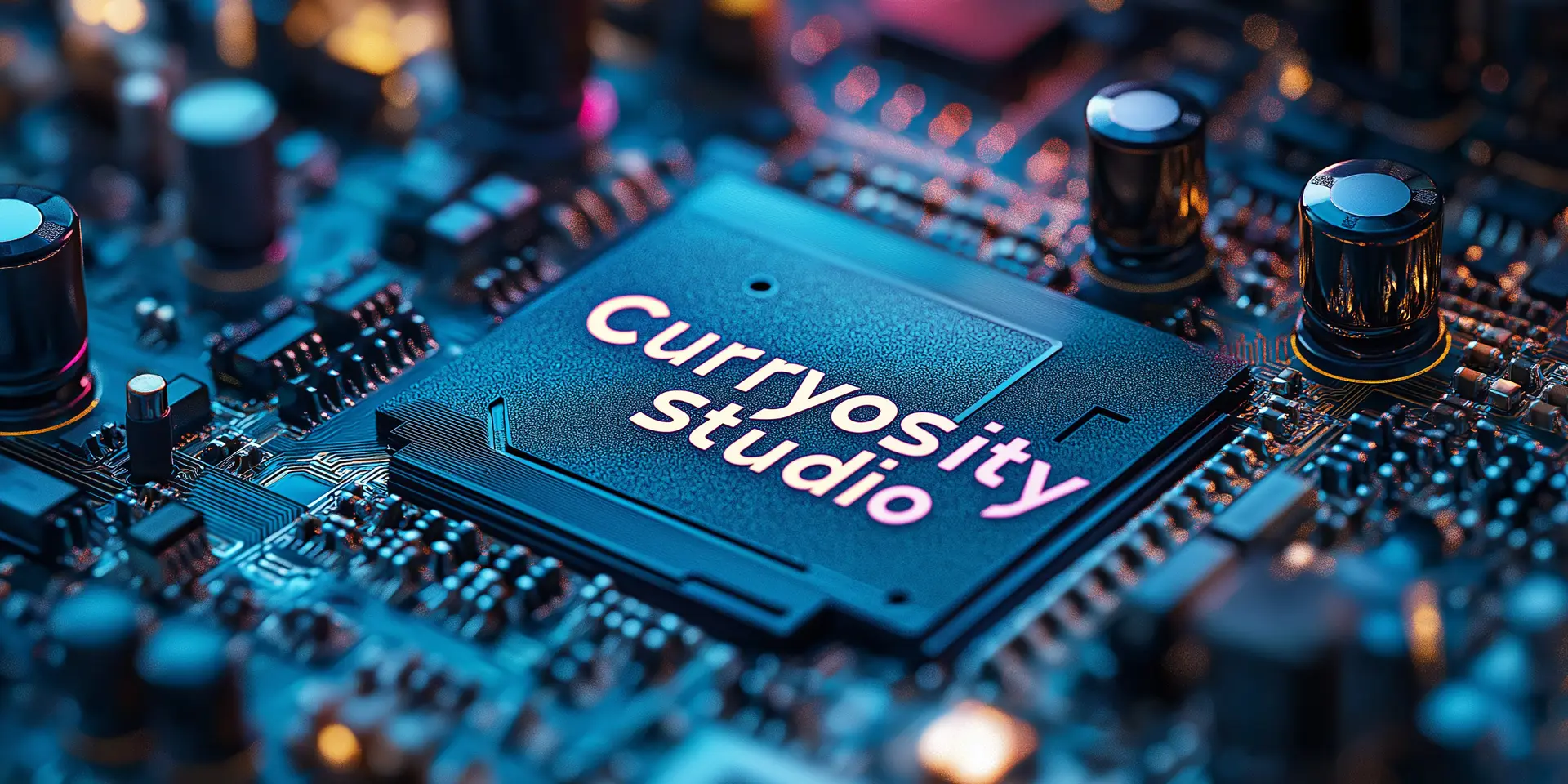 The words "Curryosity Studio" on a chip of a blue PCB board